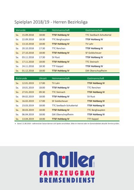 Saisonheft TTSF Hohberg (2018 / 2019)