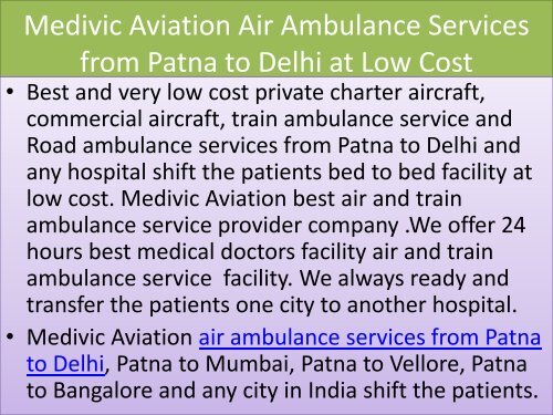 Emergency Medical Air Ambulance in Delhi and Patna
