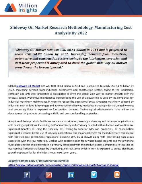 Slideway Oil Market Research Methodology, Manufacturing Cost Analysis By 2022 