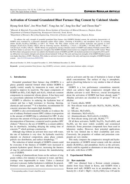 Activation of Ground Granulated Blast Furnace Slag Cement by Calcined Alunite