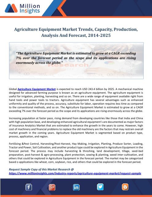 Agriculture Equipment Market Trends, Capacity, Production, Analysis And Forecast, 2014-2025