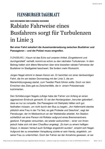 SHZ-Artikel - Rabiate Fahrweise v. Busfahrer