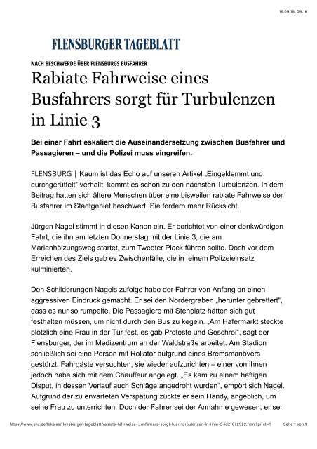 SHZ-Artikel - Rabiate Fahrweise v. Busfahrer