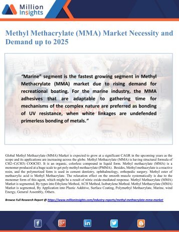 Methyl Methacrylate (MMA) Market Necessity and Demand up to 2025