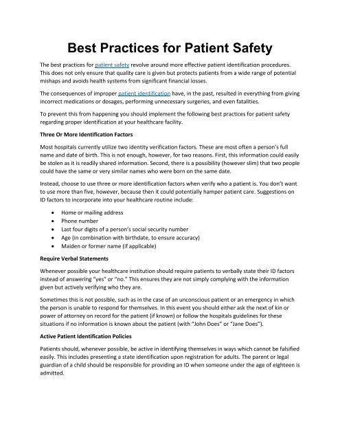 Best Practices for Patient Safety