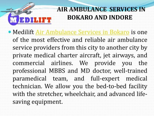 Air Ambulance Services in Bokaro and Indore