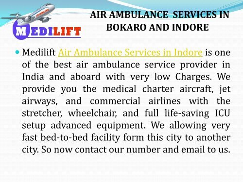 Air Ambulance Services in Bokaro and Indore