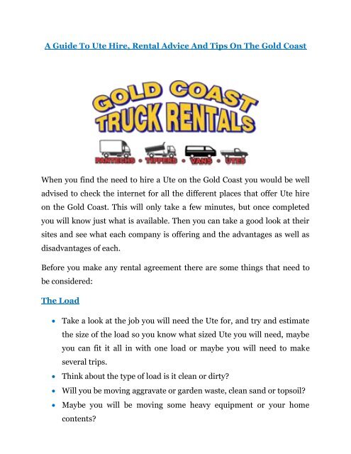 A Guide To Ute Hire, rental advice on the gold coast