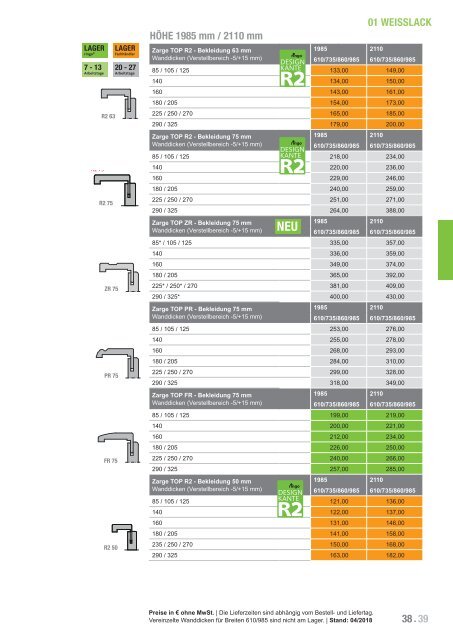 Türenpreisliste-Lagerkollektion 2018