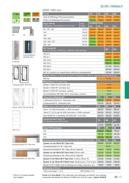 Türenpreisliste-Lagerkollektion 2018