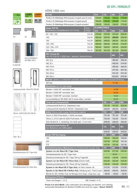 Türenpreisliste-Lagerkollektion 2018