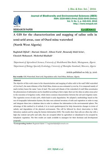 A GIS for the characterization and mapping of saline soils in semi-arid areas, case of Oued mina watershed (North West Algeria)