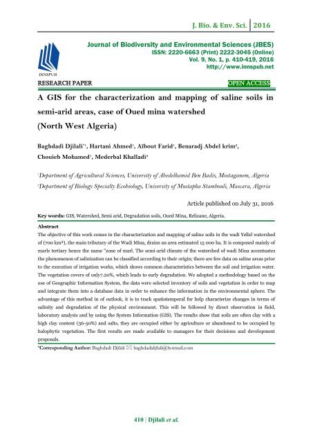 A GIS for the characterization and mapping of saline soils in semi-arid areas, case of Oued mina watershed (North West Algeria)