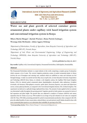Water use and plant growth of selected container grown ornamental plants under capillary wick based irrigation system and conventional irrigation system in Kenya