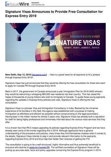 Signature Visas Announces to Provide Free Consultation for Express Entry 2019