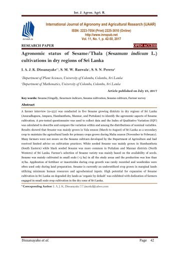 Agronomic status of Sesame/Thala (Sesamum indicum L.) cultivations in dry regions of Sri Lanka