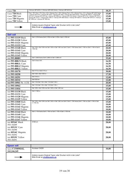 Ankaufliste Ankaufpreise Preisliste Ankauf volle Toner Tintenpatronen Patronen September-Oktober2018