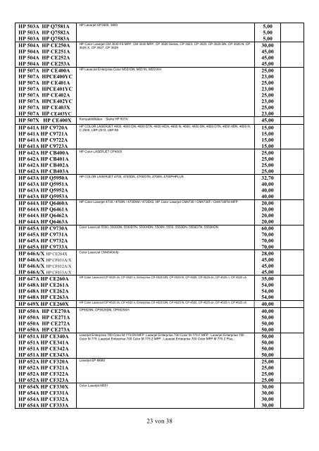 Ankaufliste Ankaufpreise Preisliste Ankauf volle Toner Tintenpatronen Patronen September-Oktober2018