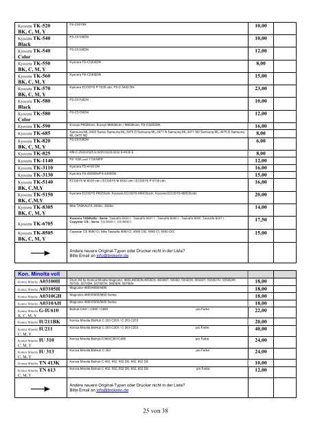 Ankaufliste Ankaufpreise Preisliste Ankauf volle Toner Tintenpatronen Patronen September-Oktober2018