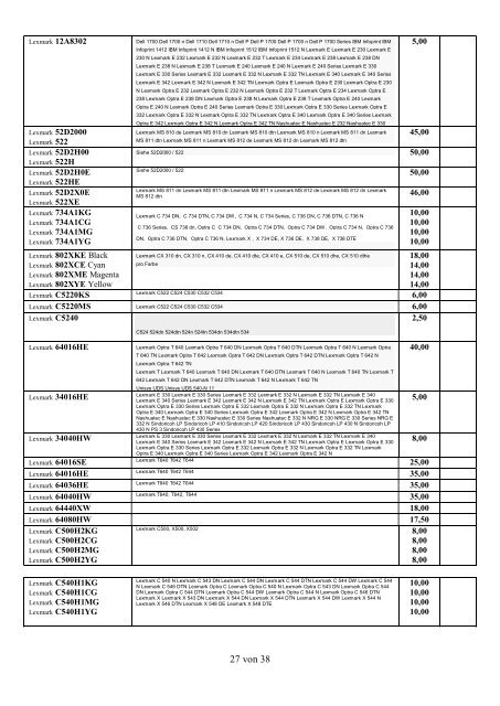 Ankaufliste Ankaufpreise Preisliste Ankauf volle Toner Tintenpatronen Patronen September-Oktober2018