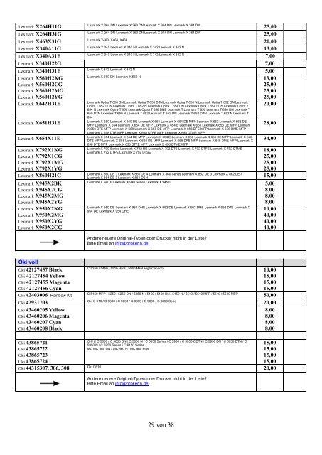 Ankaufliste Ankaufpreise Preisliste Ankauf volle Toner Tintenpatronen Patronen September-Oktober2018