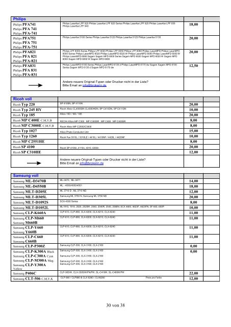 Ankaufliste Ankaufpreise Preisliste Ankauf volle Toner Tintenpatronen Patronen September-Oktober2018