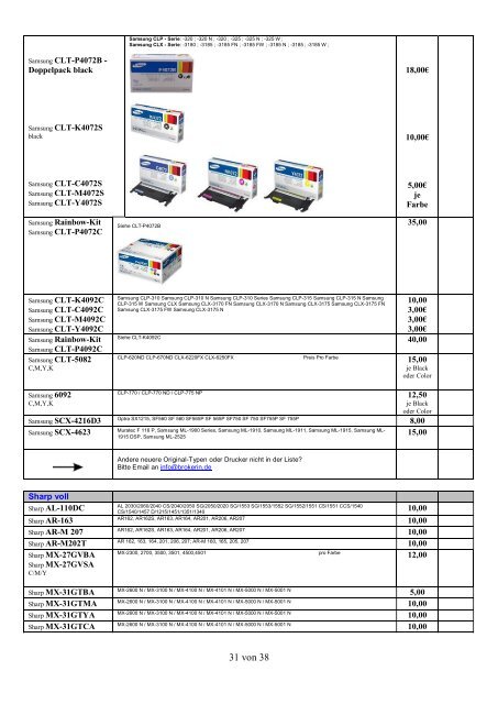 Ankaufliste Ankaufpreise Preisliste Ankauf volle Toner Tintenpatronen Patronen September-Oktober2018