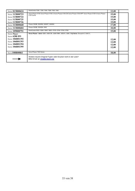 Ankaufliste Ankaufpreise Preisliste Ankauf volle Toner Tintenpatronen Patronen September-Oktober2018