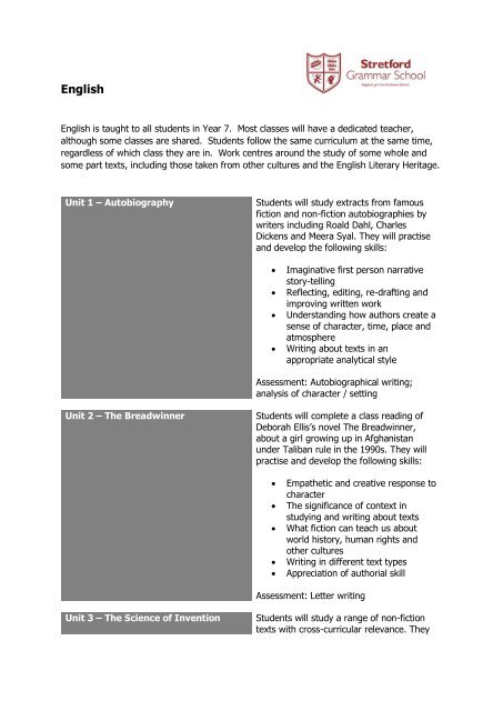 Year 7 Curriculum Information Booklet 2018 - 2019