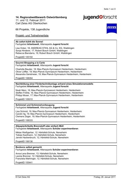 14. Regionalwettbewerb Ostwürttemberg 11. und 12 ... - Carl Zeiss