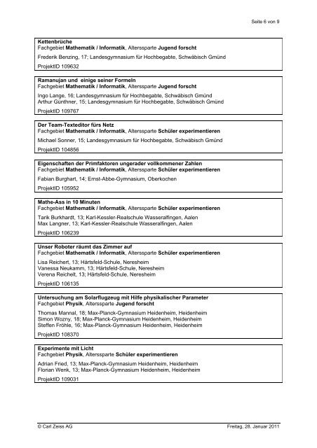 14. Regionalwettbewerb Ostwürttemberg 11. und 12 ... - Carl Zeiss