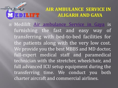 Air Ambulance Service in Aligarh and Gaya