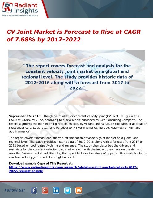 CV Joint Market is Forecast to Rise at CAGR of 7.68% by 2017-2022