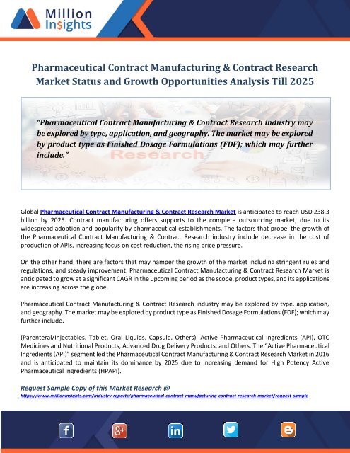 Pharmaceutical Contract Manufacturing &amp; Contract Research Market Status and Growth Opportunities Analysis till 2025