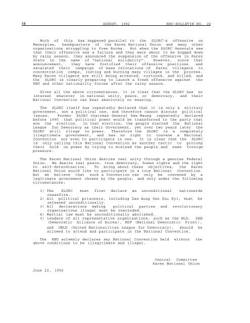 KNU Bulletin No. 26, August 1992