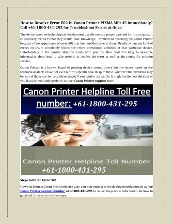 How to Resolve Error E02 in Canon Printer PIXMA MP145 Immediately? Call +61-1800-431-295 for Troubleshoot Errors at Once