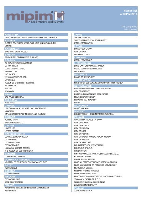 List of stands at MIPIM 2012