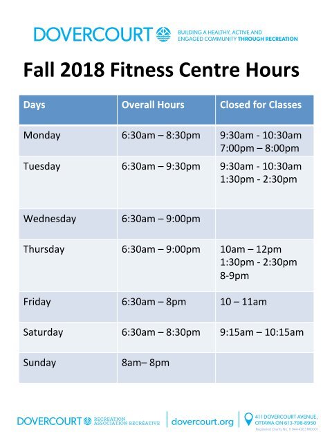 Dovercourt Fall 2018 Fitness Centre Hours