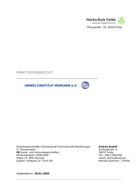 Praktikumsbericht Andrea Rudolf (2008) - Umweltinstitut München e.V.