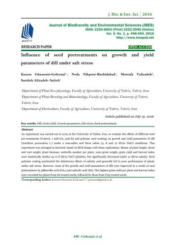 Influence of seed pretreatments on growth and yield parameters of dill under salt stress