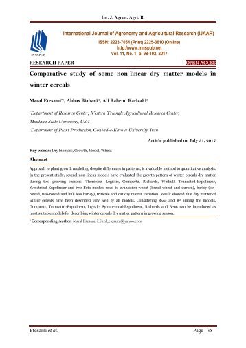 Comparative study of some non-linear dry matter models in winter cereals