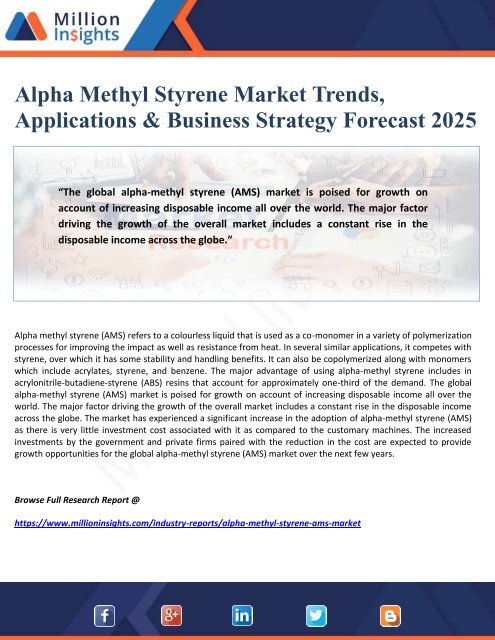 Alpha Methyl Styrene Market Trends, Applications &amp; Business Strategy Forecast 2025