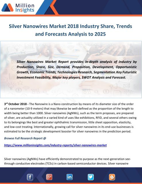 Silver Nanowires Market 2018 Industry Share, Trends and Forecasts Analysis to 2025