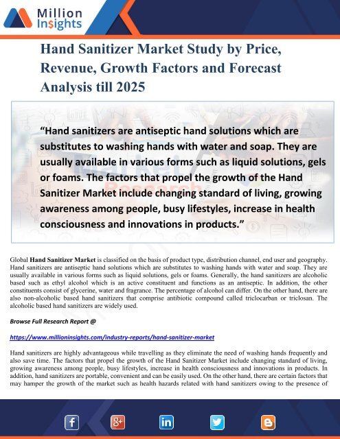 Hand Sanitizer Market Study by Price, Reveune, Growth Factors and Forecast Analysis till 2025