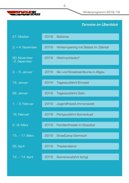 Winterprogramm Ski und Snowboard 2018/2019