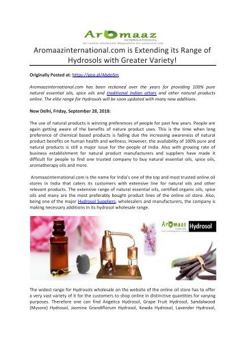 Aromaazinternational.com is Extending its Range of Hydrosols with Greater Variety!
