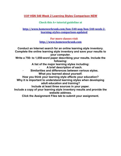 UOP HSN 540 Week 2 Learning Styles Comparison NEW