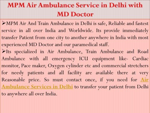 Book an Emergency Air Ambulance Services in Delhi by MPM Air Ambulance