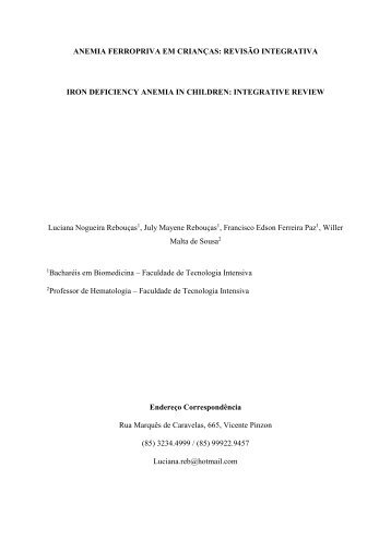 ANEMIA FERROPRIVA EM CRIANÇAS REVISÃO INTEGRATIVA - Luciana Nogueira Rebouças, July Mayene Rebouças, Francisco Edson Ferreira Paz, Willer Malta de Sousa