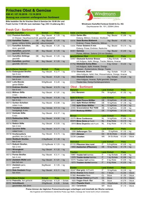 Wochenpreisliste und Gemüse  KW41/2018